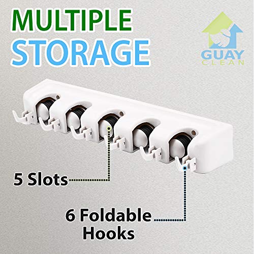 Guay Clean Broom and Mop Holder - Garden Tool Organizer - Home Storage Utility Rack- Strong Grip Hangers with Foldable Hooks - Heavy Duty Wall Mounted Shelf System - Fixed