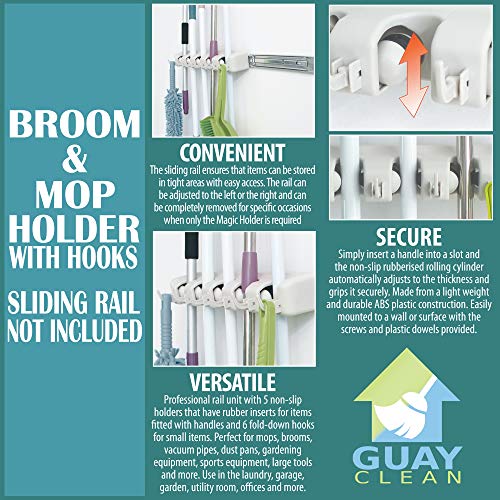 Guay Clean Broom and Mop Holder - Garden Tool Organizer - Home Storage Utility Rack- Strong Grip Hangers with Foldable Hooks - Heavy Duty Wall Mounted Shelf System - Fixed