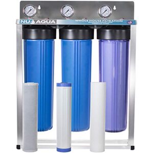 nu aqua 3-stage whole house water filtration system with pressure gauges – 20”x4.5” sediment, granular carbon, carbon block filters, 1” npt connection