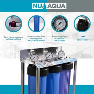 Nu Aqua 3-Stage Whole House Water Filtration System with Pressure Gauges – 20”x4.5” Sediment, Granular Carbon, Carbon Block Filters, 1” NPT Connection