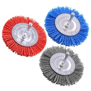 swpeet 3pcs 3inch 80# 120# 240# abrasive nylon wheel brush set with 1/4 inch shank, 3 grit nylon drill brush set perfect for removal of rust/corrosion/paint - reduced wire breakage and longer life