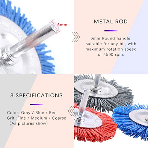 Swpeet 3Pcs 3Inch 80# 120# 240# Abrasive Nylon Wheel Brush Set with 1/4 Inch Shank, 3 Grit Nylon Drill Brush Set Perfect for Removal of Rust/Corrosion/Paint - Reduced Wire Breakage and Longer Life