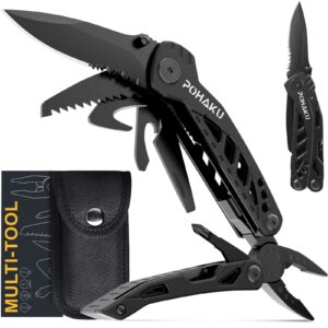 multitool knife, pohaku 13 in 1 pocket multitool, multi tool with 3" large blade, safety locking design, spring-action plier, durable nylon sheath for outdoor, camping, fishing, survival,hiking