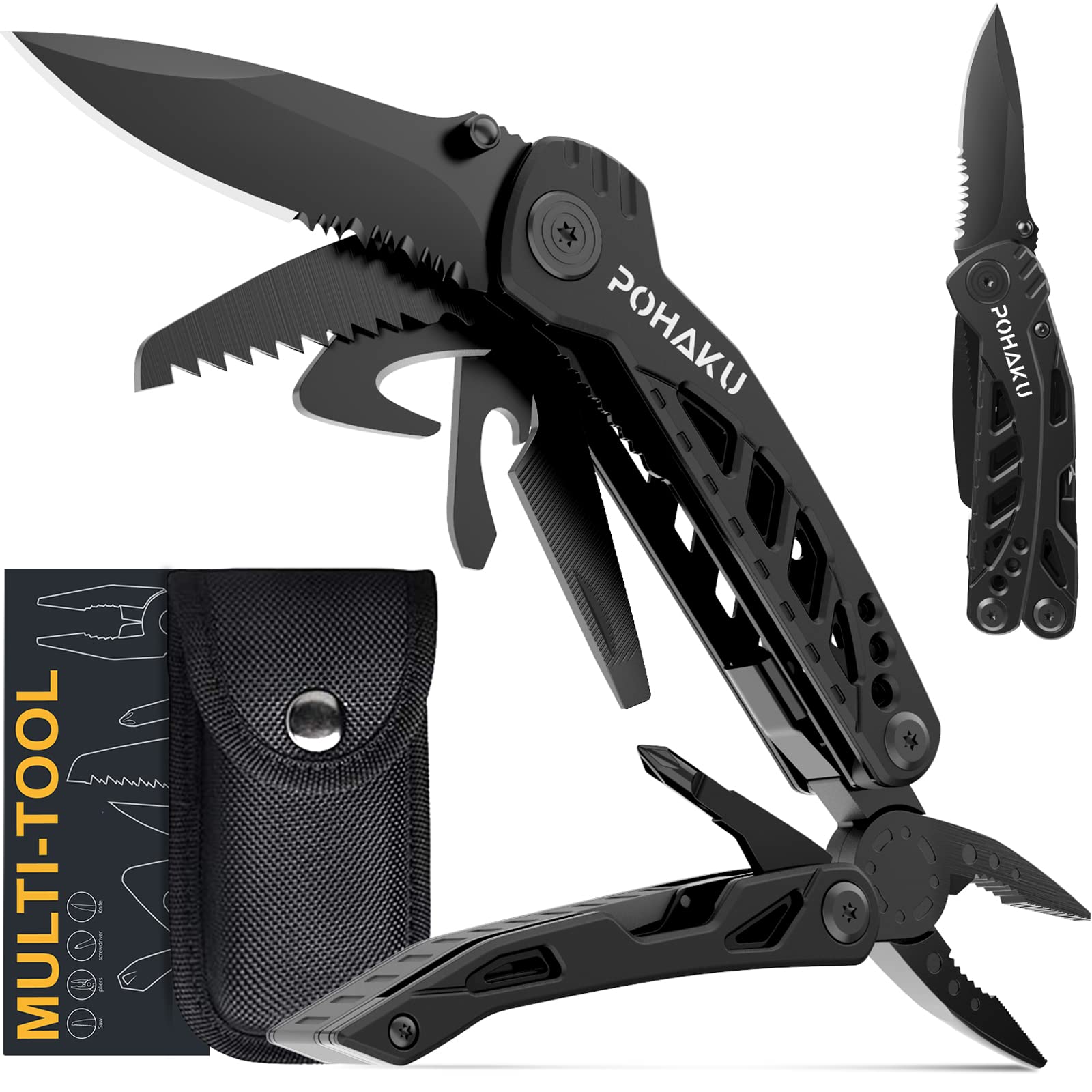 Multitool Knife, Pohaku 13 in 1 Pocket Multitool, Multi Tool with 3" Large Blade, Safety Locking Design, Spring-Action Plier, Durable Nylon Sheath for Outdoor, Camping, Fishing, Survival,Hiking