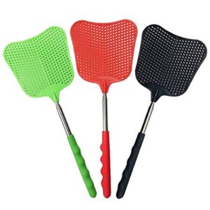 foxany fly swatters extendable, durable plastic fly swatter heavy duty set, telescopic flyswatter with stainless steel handle for indoor/outdoor/office (3 pack)