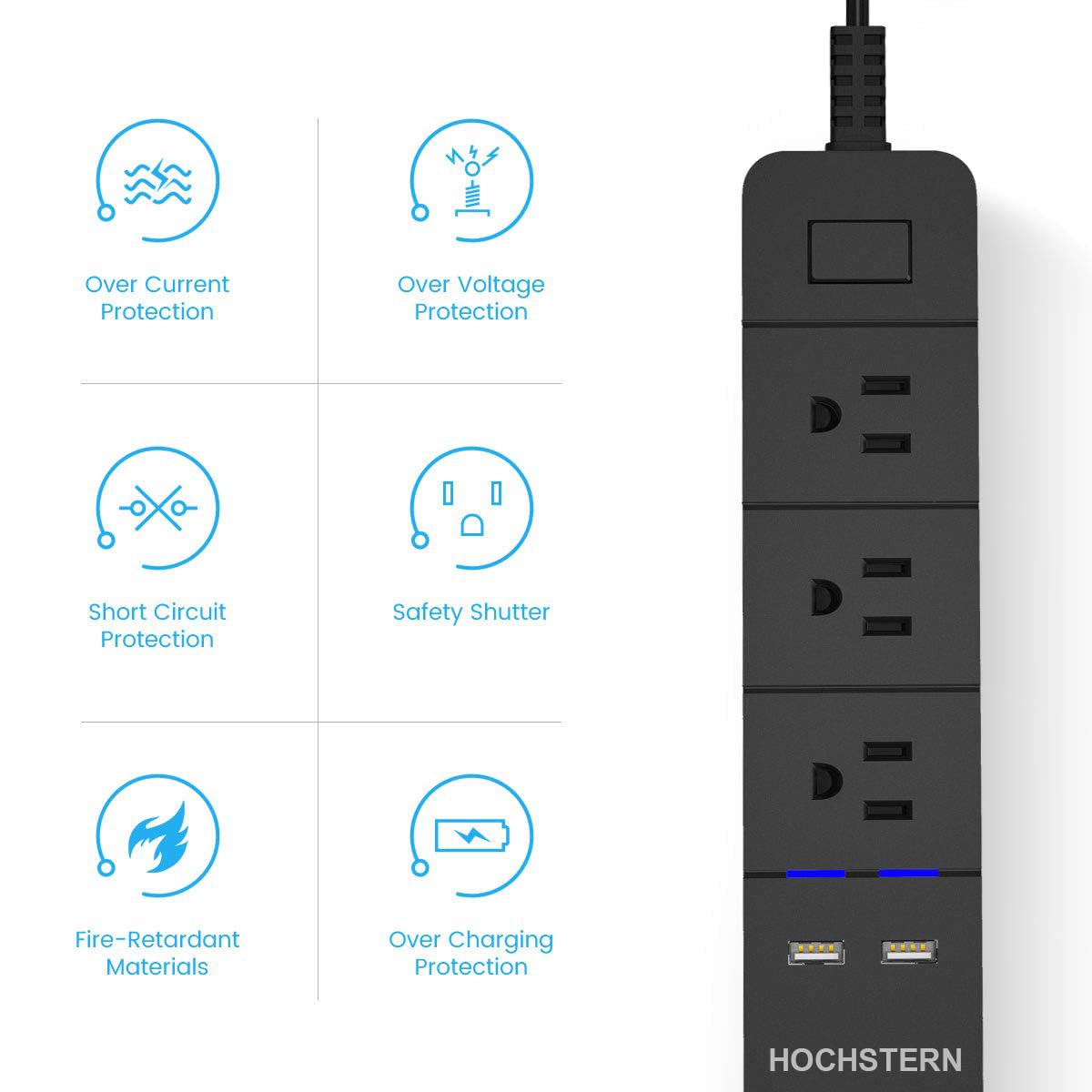 Travel Power Strip, with 3 USB Ports, 5 Ft Extension Cord and 2 Outlet Charging Station Household Office Market US Plug 90V-250V 30KW