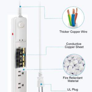 Power Strip Extension Cord, Surge Protector, 6 Ft, 4 Outlet Heavy Duty, 3 Prong Plug, Overload Protection, Ideal for Home or Office Equipment, White