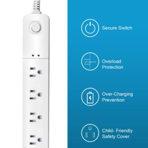 Power Strip Extension Cord, Surge Protector, 6 Ft, 4 Outlet Heavy Duty, 3 Prong Plug, Overload Protection, Ideal for Home or Office Equipment, White