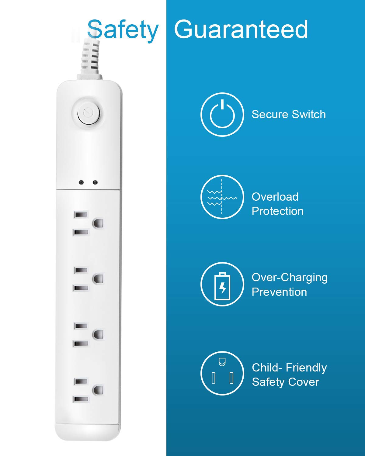 Power Strip Extension Cord, Surge Protector, 6 Ft, 4 Outlet Heavy Duty, 3 Prong Plug, Overload Protection, Ideal for Home or Office Equipment, White