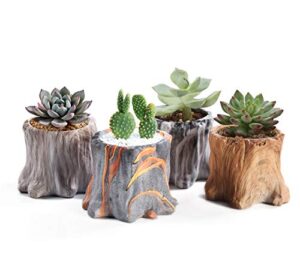 2cfun succulent planter pots small ceramic flower cactus pots set 4 pack tree stump succulent pots with drainage bonsai pots 4.33 inch gift for home decor indoor outdoor