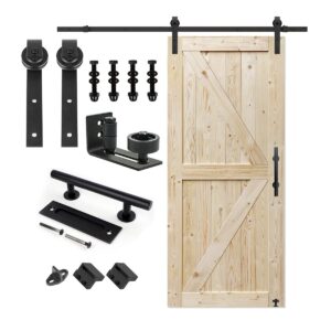 s&z tophand 36 in. x 84 in. unfinished british brace knotty barn door with 6.6ft sliding door hardware kit/solid wood/sliding door/double surfaces/a simple assembly is required (36, door+j shape)