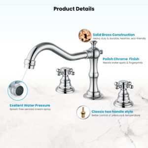 gotonovo 3-Hole Widespread Bathroom Faucet Double Cross Handle Mixer Tap for Bathroom Sink Deck Mount Hot Cold Water Matching Pop Up Drain with Overflow Polished Chrome Victorian Spout