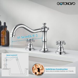 gotonovo 3-Hole Widespread Bathroom Faucet Double Cross Handle Mixer Tap for Bathroom Sink Deck Mount Hot Cold Water Matching Pop Up Drain with Overflow Polished Chrome Victorian Spout