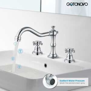 gotonovo 3-Hole Widespread Bathroom Faucet Double Cross Handle Mixer Tap for Bathroom Sink Deck Mount Hot Cold Water Matching Pop Up Drain with Overflow Polished Chrome Victorian Spout