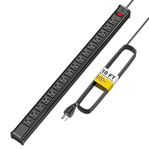 16 Outlets Long Power Strip Metal Wall Mount Power Strip 10 FT Heavy Duty Garage Workbench Workshop Bar Industrial Electric Strip Outlets, ETL (Black)