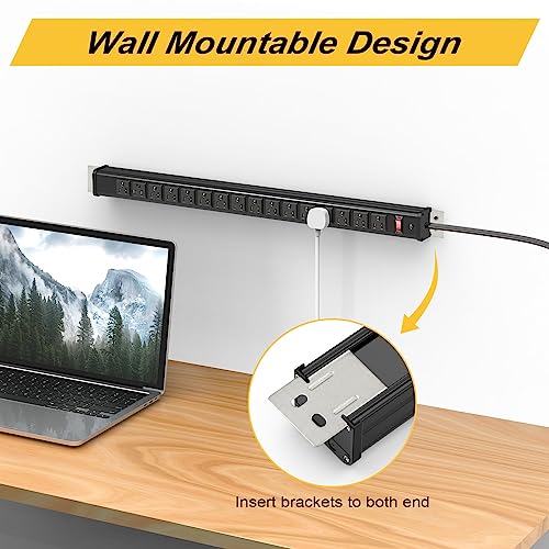 16 Outlets Long Power Strip Metal Wall Mount Power Strip 10 FT Heavy Duty Garage Workbench Workshop Bar Industrial Electric Strip Outlets, ETL (Black)