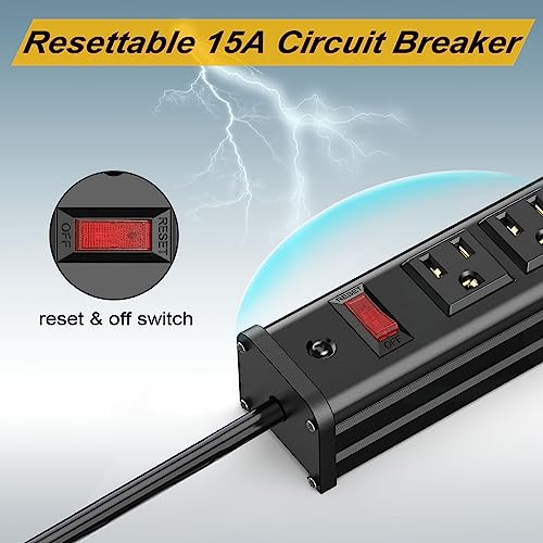 16 Outlets Long Power Strip Metal Wall Mount Power Strip 10 FT Heavy Duty Garage Workbench Workshop Bar Industrial Electric Strip Outlets, ETL (Black)