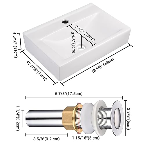 Aquaterior 18" x 12" Modern Rectangle Bathroom Vessel Sink and Drain Combo Wall Mount Ceramic Porcelain Washing Basin Counter Top Lavatory White