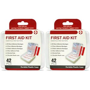 decorrack 84 piece first aid med kit, small travel size kit, first aid patch purse essentials bandages for car, college dorm, home, boat, or camping, (2 pack of 42pcs)