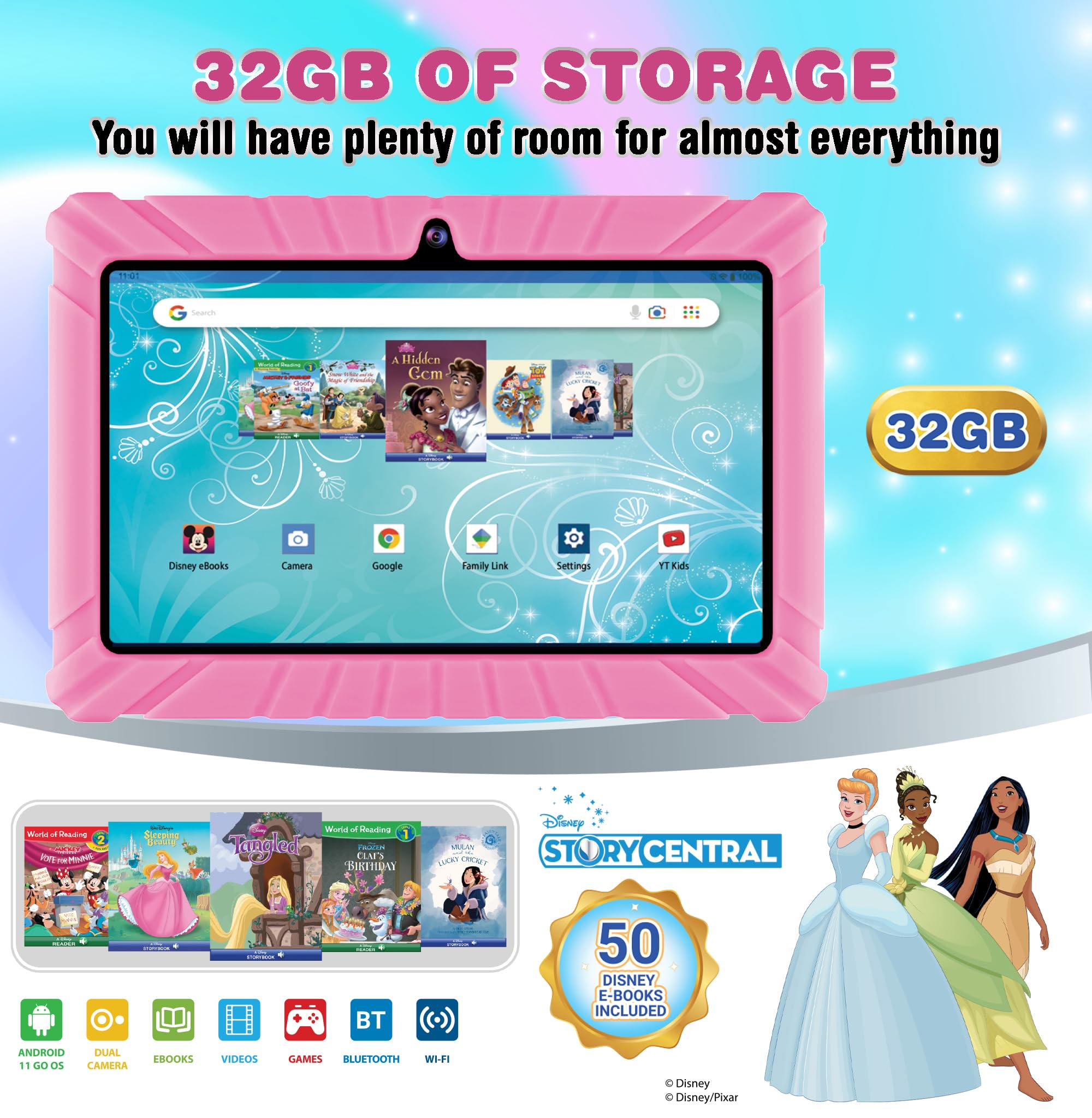 Contixo Kids Tablet - V8 32GB 7" Android Tablet for Kids, Includes 50+ Disney Storybooks & Stickers (Value $200), Kid-Proof Case, (2023 Model) - Pink