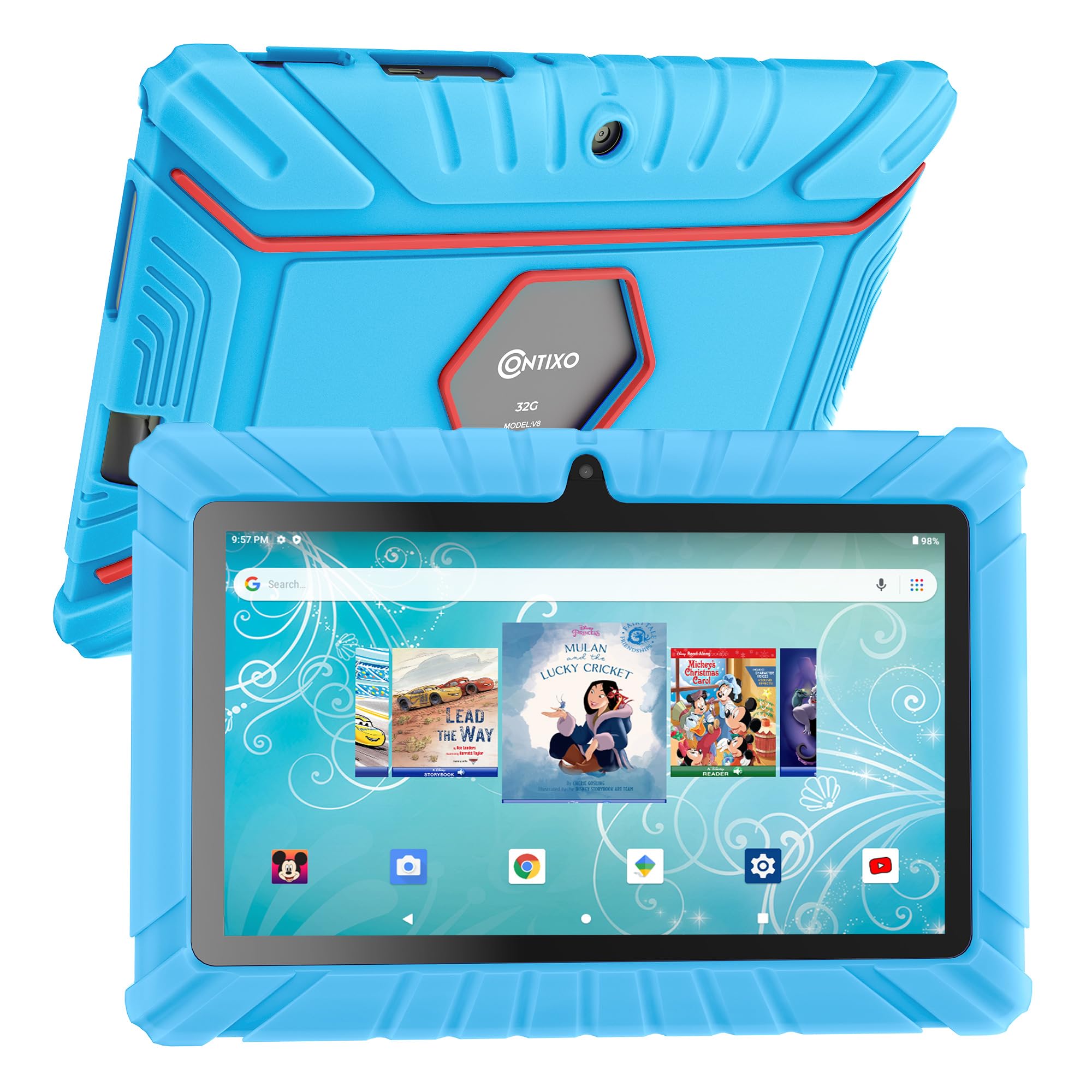 Contixo 7" Android Kids Tablet 32GB, Includes 50+ Disney Storybooks & Stickers (Value $200), Kid-Proof Case, (2023 Model V8) - Blue