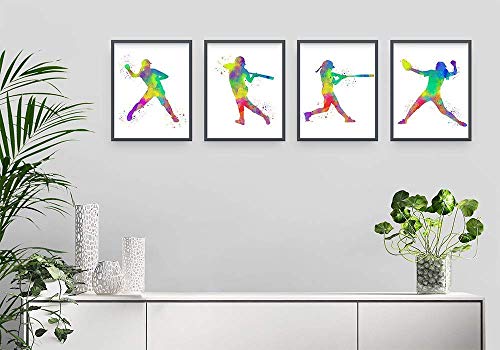 Softball Player Sport Abstract Wall Art Print 8x10, Set of 4, Includes Catcher and Pitcher, Teen Girl Bedroom Dorm Room Decor, Ideal for Teacher, Coach, Fan, Club Award Night