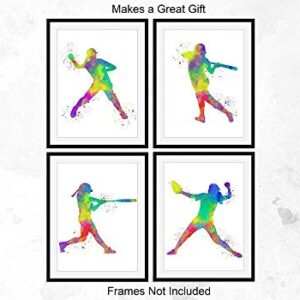 Softball Player Sport Abstract Wall Art Print 8x10, Set of 4, Includes Catcher and Pitcher, Teen Girl Bedroom Dorm Room Decor, Ideal for Teacher, Coach, Fan, Club Award Night