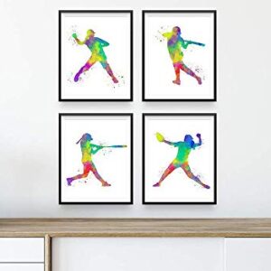 Softball Player Sport Abstract Wall Art Print 8x10, Set of 4, Includes Catcher and Pitcher, Teen Girl Bedroom Dorm Room Decor, Ideal for Teacher, Coach, Fan, Club Award Night