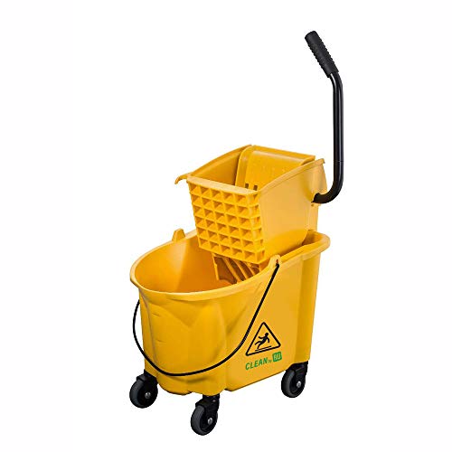 Restaurantware Clean 38 Quart Industrial Mop Bucket, 1 Combo Mop Wringer Bucket - With Side Press Wringer, Built-In Casters, Yellow Plastic Commercial Mop Bucket, Carry Handle, For Commercial Use