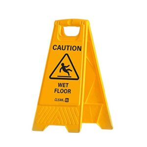 Restaurantware Clean 11.8 x 2 x 24.4 Inch Wet Floor Sign, 1 Double-Sided Caution Sign - Built-In Handle, Foldable, Yellow Plastic Cleaning Signs, For Commercial Use