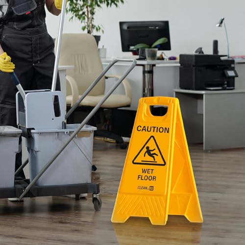 Restaurantware Clean 11.8 x 2 x 24.4 Inch Wet Floor Sign, 1 Double-Sided Caution Sign - Built-In Handle, Foldable, Yellow Plastic Cleaning Signs, For Commercial Use