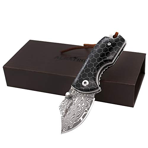 ALBATROSS EDC Mini Damascus Camping Folding Pocket Knife; 1.75" Damascus Blade,Black Resin Handle with Aluminum Mesh Honeycomb Pattern,Gifts Box/Collections (Black)