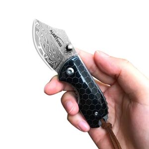 ALBATROSS EDC Mini Damascus Camping Folding Pocket Knife; 1.75" Damascus Blade,Black Resin Handle with Aluminum Mesh Honeycomb Pattern,Gifts Box/Collections (Black)