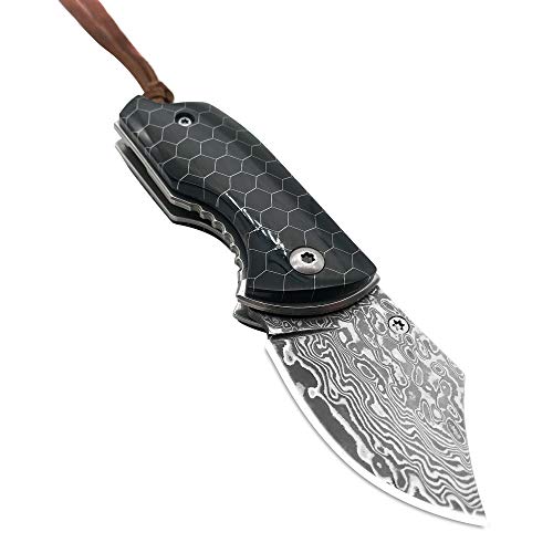 ALBATROSS EDC Mini Damascus Camping Folding Pocket Knife; 1.75" Damascus Blade,Black Resin Handle with Aluminum Mesh Honeycomb Pattern,Gifts Box/Collections (Black)