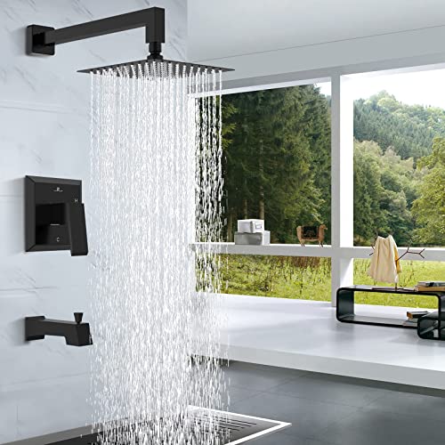 HOMELODY Black Shower Faucet Set Bathroom High Pressure Square Rain Shower Head and Handle Set,Wall Mounted Luxury Rainfall Shower Complete Combo Set,Shower Fixtures (Contain Shower Valve)