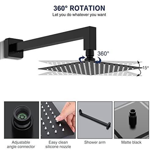 HOMELODY Black Shower Faucet Set Bathroom High Pressure Square Rain Shower Head and Handle Set,Wall Mounted Luxury Rainfall Shower Complete Combo Set,Shower Fixtures (Contain Shower Valve)