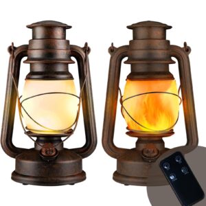 dancing flame led vintage lantern, outdoor hanging plastic lantern operated with remote control two modes christmas decorations lights battery powered for garden patio deck yard path 2 pack