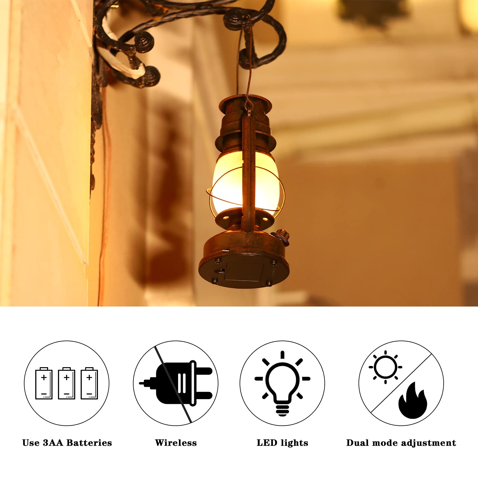 Dancing Flame Led Vintage Lantern, Outdoor Hanging Plastic Lantern Operated with Remote Control Two Modes Christmas Decorations Lights Battery Powered for Garden Patio Deck Yard Path 2 Pack