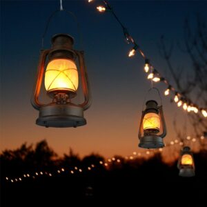 Dancing Flame Led Vintage Lantern, Outdoor Hanging Plastic Lantern Operated with Remote Control Two Modes Christmas Decorations Lights Battery Powered for Garden Patio Deck Yard Path 2 Pack