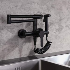 buluxe black pot filler kitchen sink faucet with sprayer, modern single handle retractable wall-mount pot filler faucet with swing arm in matte black solid brass