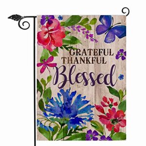 hzppyz grateful thankful blessed thanksgiving garden flag, decorative small outdoor flag flower, rustic burlap christmas house yard flag spring outside holiday decoration home decor flag 12.5 x 18