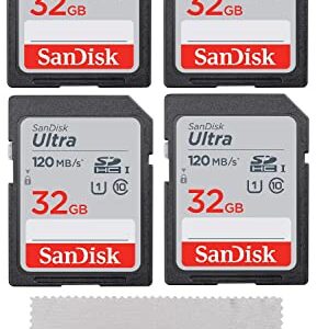 SanDisk 32GB Ultra SD Memory Card (4 Pack) SDHC UHS-I Card 120 MB/s Class 10 (SDSDUN4-032G-GN6IN) Bundle with (1) Everything But Stromboli Micro Fiber Cloth