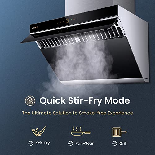 FOTILE JQG7505 30” Under-Cabinet or Wall-Mount Range Hood | Dual DC-Motor | Slant Vent Design | Hands Free On and Off | Touchscreen with 4 Speed Level | Modern Kitchen Onyx Black Glass