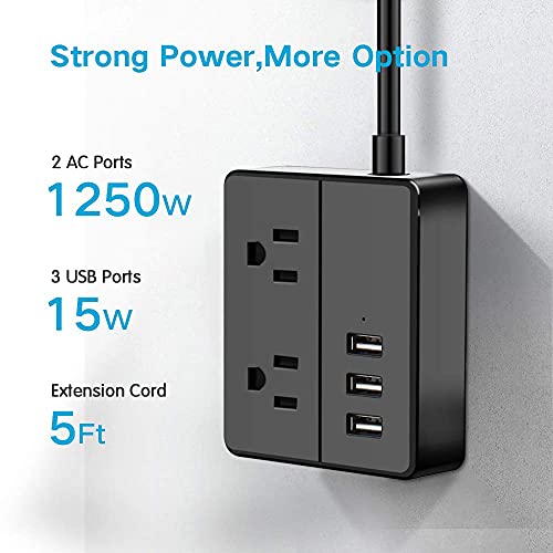 Power Strip with 2 Outlets and 3 USB Ports (1250W/10A), Desktop Charging Station 5 ft Extension Cord, No Surge Protector, Small Size for Home, Indoor, Dorm Room Essentials, Office - Black