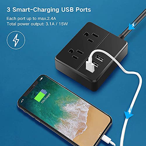 Power Strip with 2 Outlets and 3 USB Ports (1250W/10A), Desktop Charging Station 5 ft Extension Cord, No Surge Protector, Small Size for Home, Indoor, Dorm Room Essentials, Office - Black