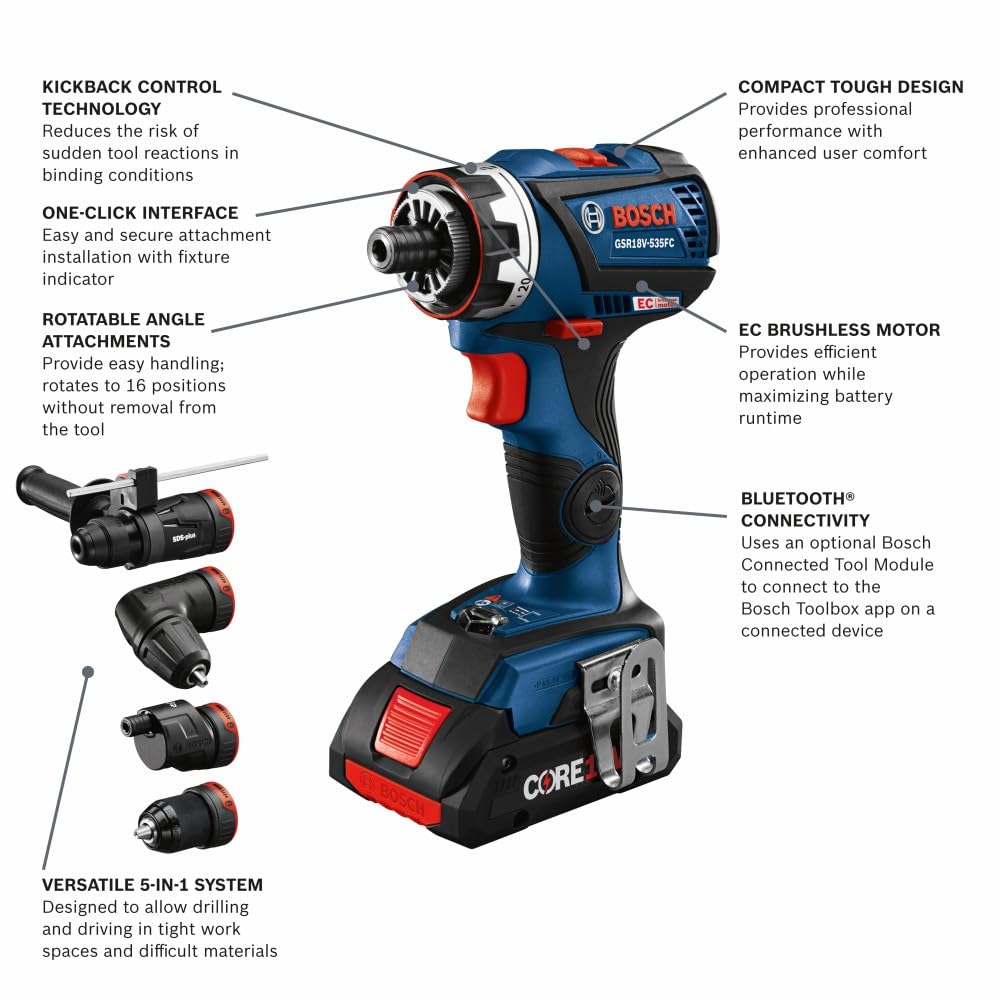 BOSCH GSR18V-535FCB15 18V Drill/Driver with 5-In-1 Flexiclick® System and (1) CORE18V® 4 Ah Advanced Power Battery