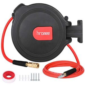 hromee air compressor hose reel with automatic retractable enclosed 3/8 inch × 50 feet hybrid pneumatic hose, fittings and swivel mount bracket max. 300psi