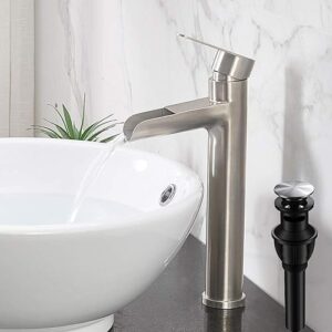 vccucine vessel sink faucet brushed nickel, single handle single hole waterfall rv bathroom faucet, tall lavatory vanity bowl sink faucet with pop up drain and two 3/8" hoses