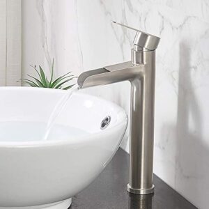 VCCUCINE Vessel Sink Faucet Brushed Nickel, Single Handle Single Hole Waterfall Rv Bathroom Faucet, Tall Lavatory Vanity Bowl Sink Faucet with Pop Up Drain and Two 3/8" Hoses