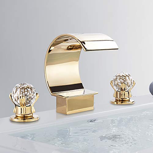 FUZ Polished Gold Bathroom Faucet 3 Hole Dual Crystal Knobs Widespread 3 Holes Vanity Basin Mixer Tap Bathtub Filler Faucet Waterfall Faucet for Bathroom Sink…